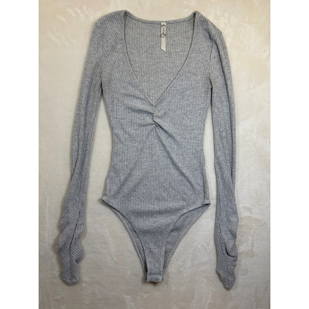 Free People Cozy up Gray Ribbed V-Neck Knot Front Bodysuit Women XS Excellent